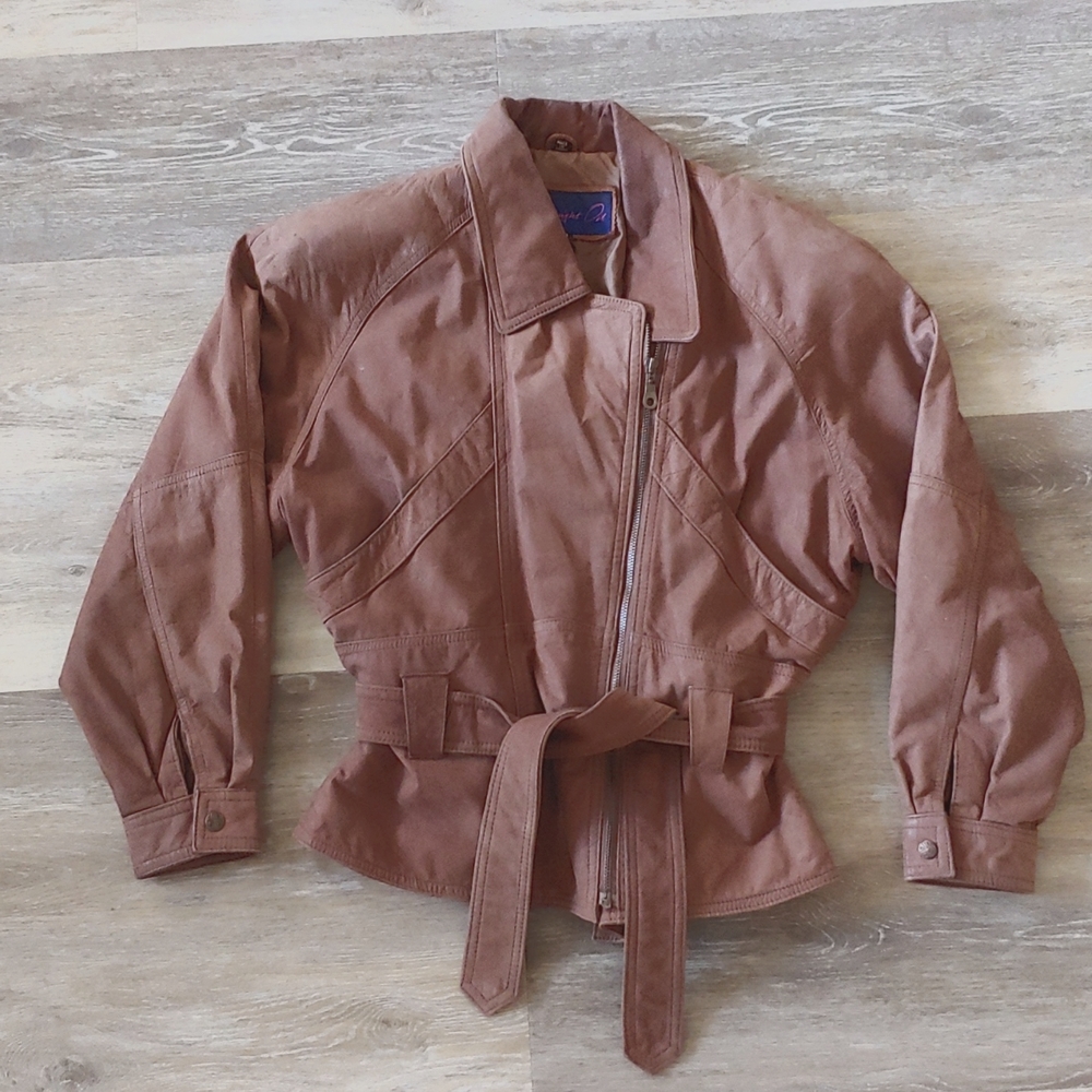 Vintage Midnight Oil Women's Leather Belted Moto Jacket Brown Size M